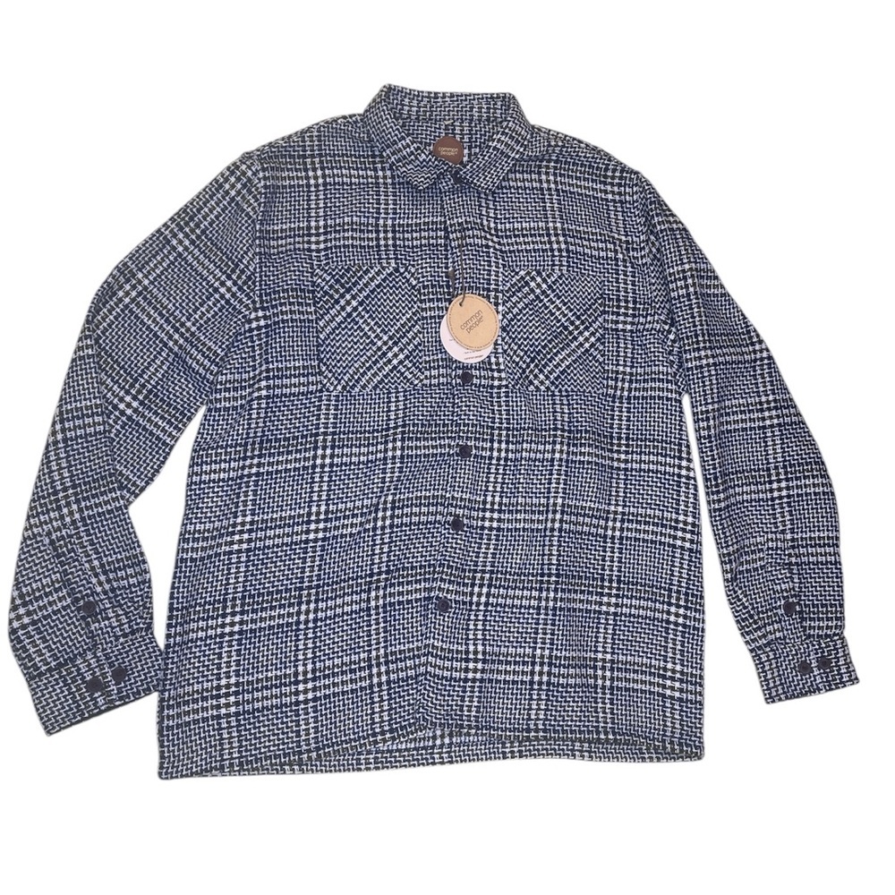 NWT common people granby navy blue / green plaid button down size